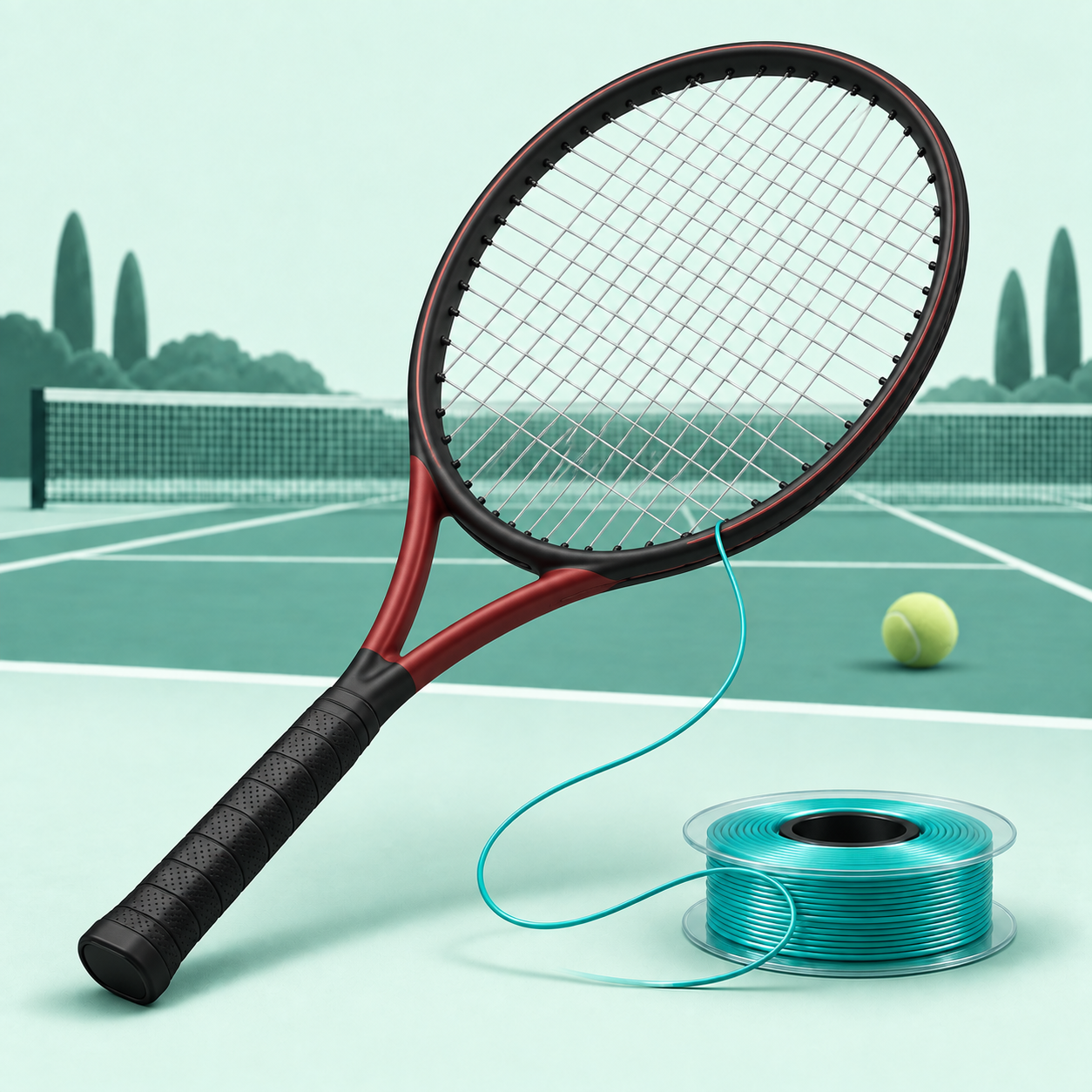 Illustration: schwarz-roter Tennisschläger, türkise Saitenrolle und Tennisplatz – Training und Bespannungsservice bei RoBros